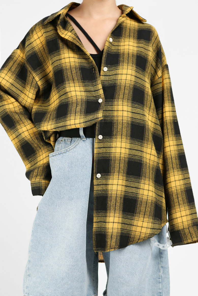 薄毛料格紋寬襯衫 Vii Co